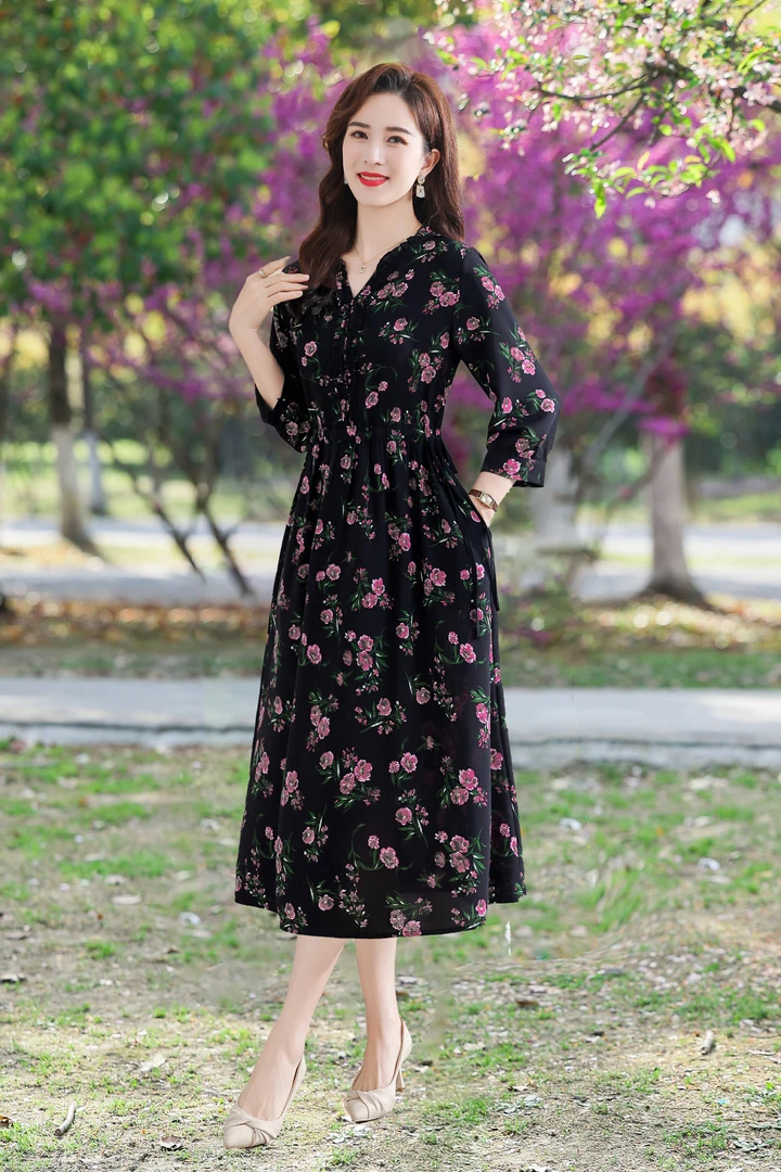 P-H-6685新款花边领洋气靓丽女人花色高级感连衣裙