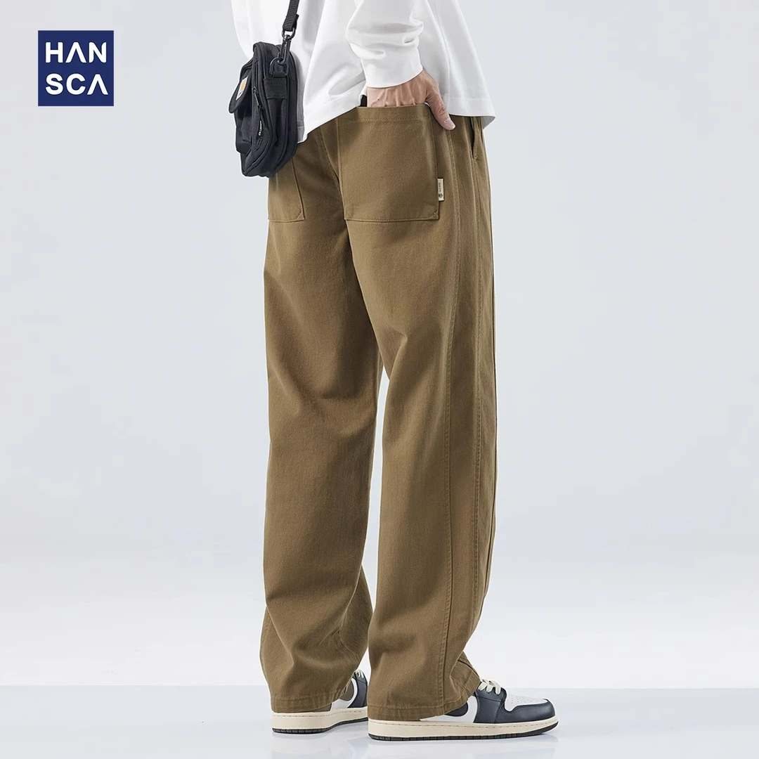 hansca日系复古工装裤男秋季潮牌直筒宽松纯棉痞帅休闲运动长裤子