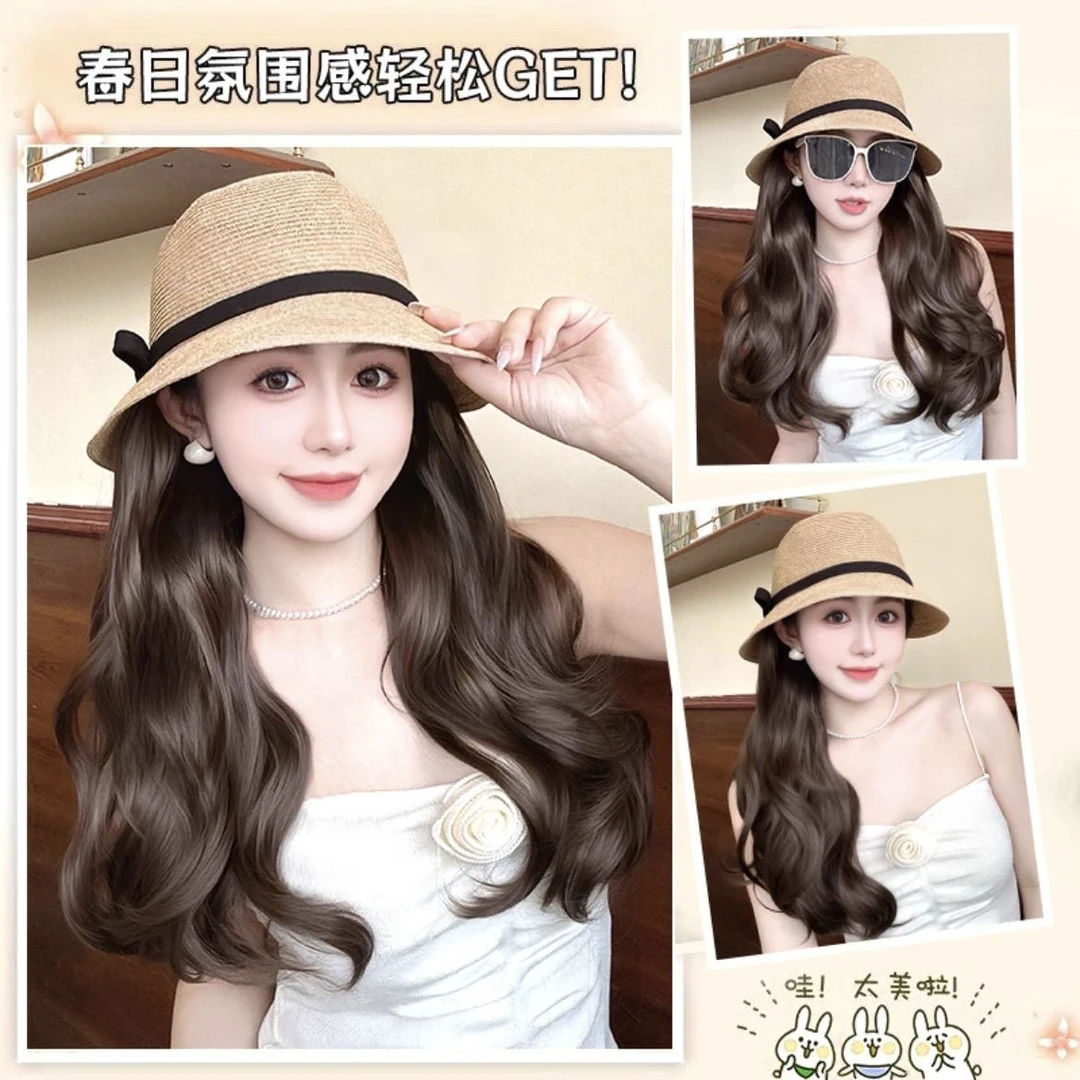 夏天新款编织帽子假发一体全套时尚百搭遮阳防晒气质长卷发长款