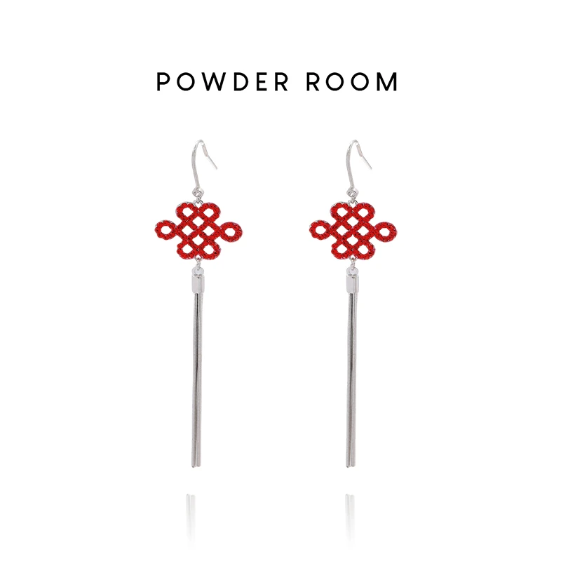 POWDERROOM 铜合金合成锆石耳饰 【福结】红色长款国潮耳环气质