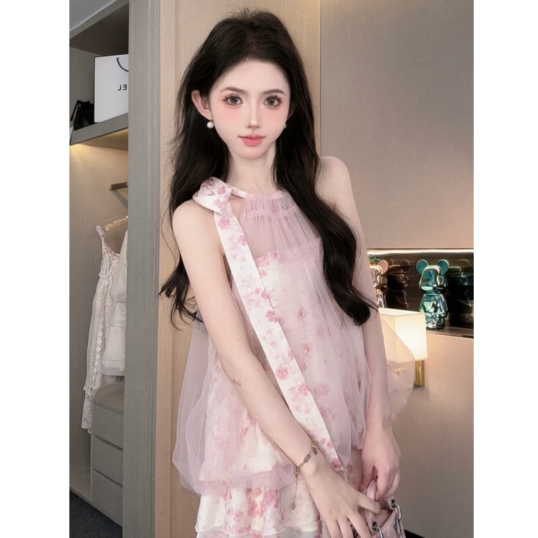 【ZQ】2024夏季温柔甜美网纱挂脖无袖套装两件套花色