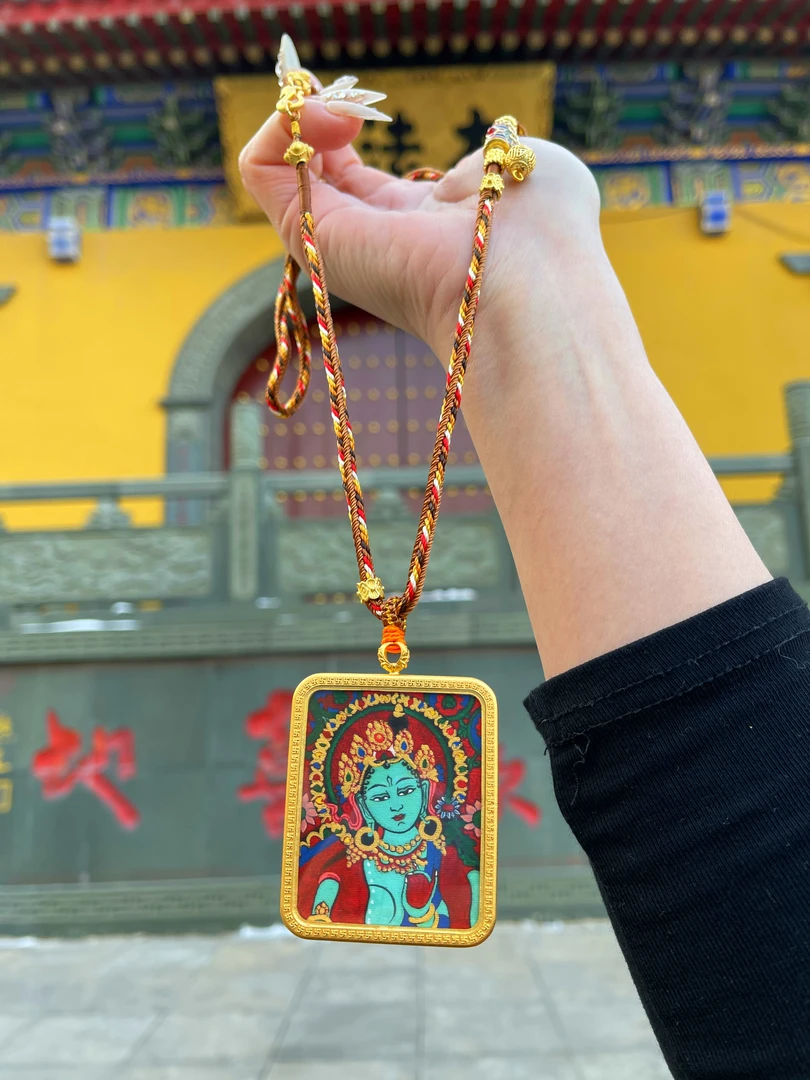 铜吊坠 【红唐-守护绿度母】热贡彩绘纯手工唐卡绿度母吊坠绿度母