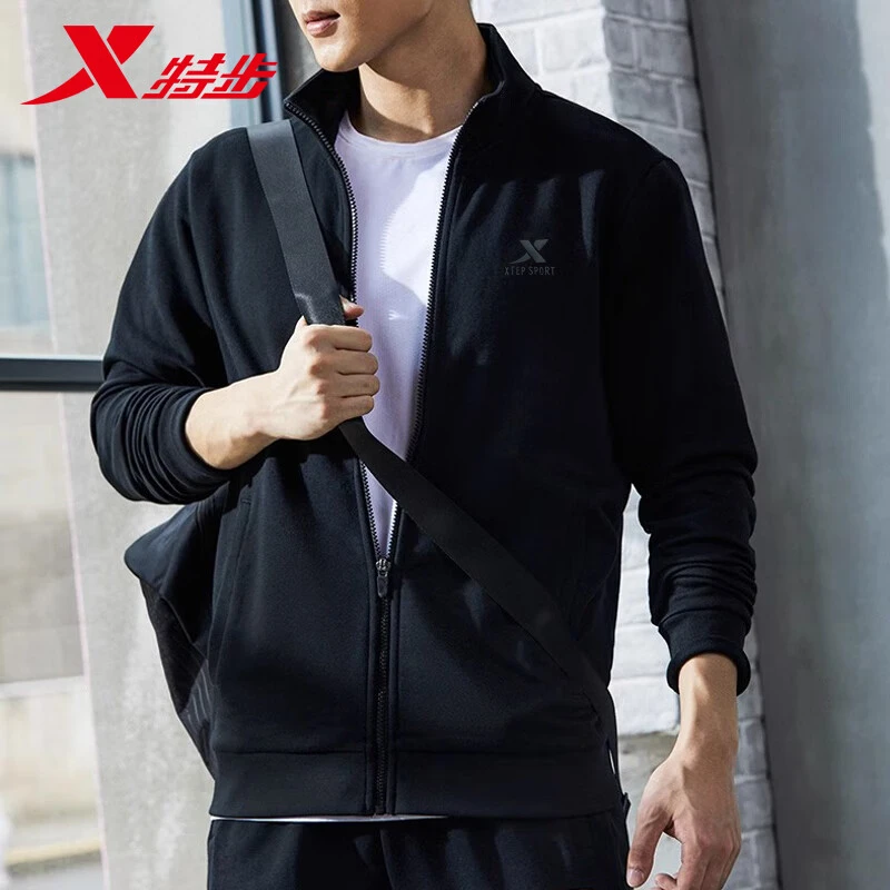 特步外套针织夹克秋冬季男士立领休闲上衣宽松长袖运动服针织男装