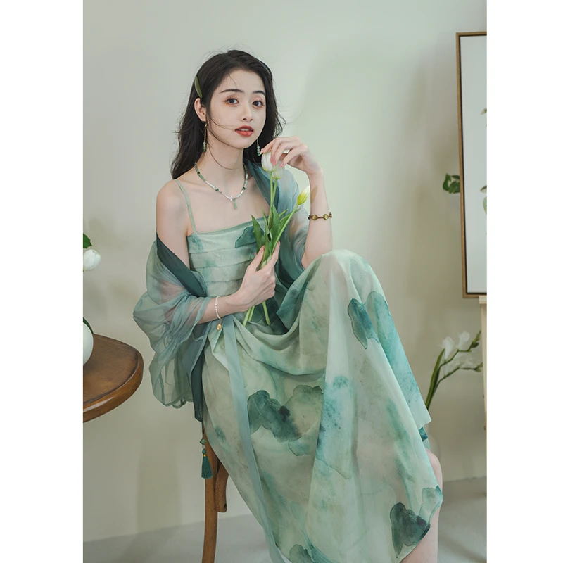 南风谷【远山乱】江南画意烟黛蓝色国风开衫吊带连衣裙新中式女装