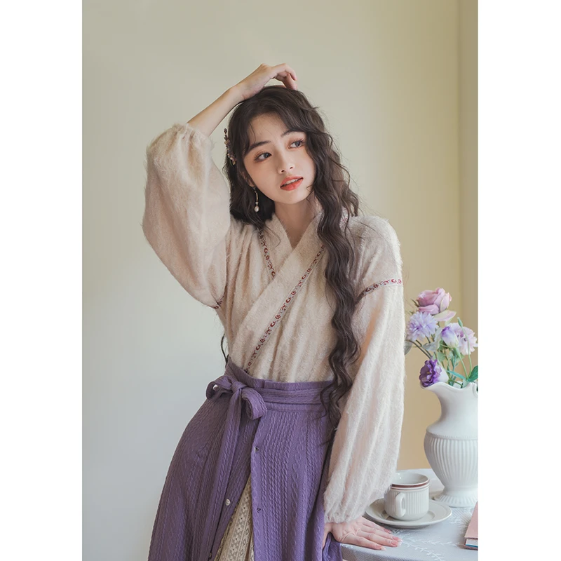 南风谷【垂丝茉莉】复古浪漫灯笼袖大摆汉元素国风仙气毛衣连衣裙