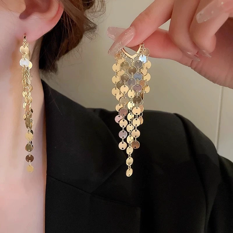 铜合金耳饰 小众设计高级感金属亮片流苏耳环轻奢时尚2024新款潮I