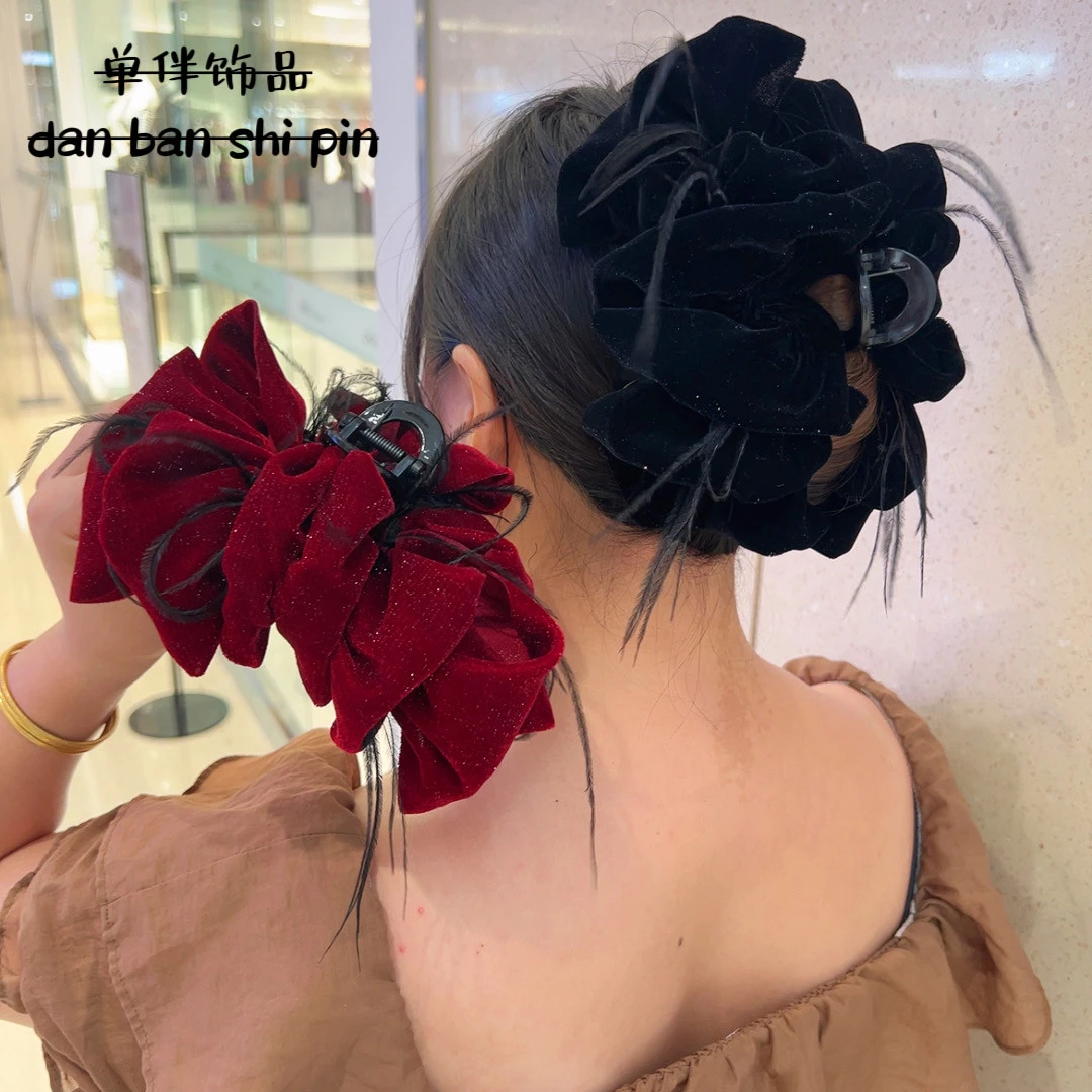 法式满天星丝绒蝴蝶结抓夹女后脑勺显发量盘发夹大号鲨鱼夹子发卡