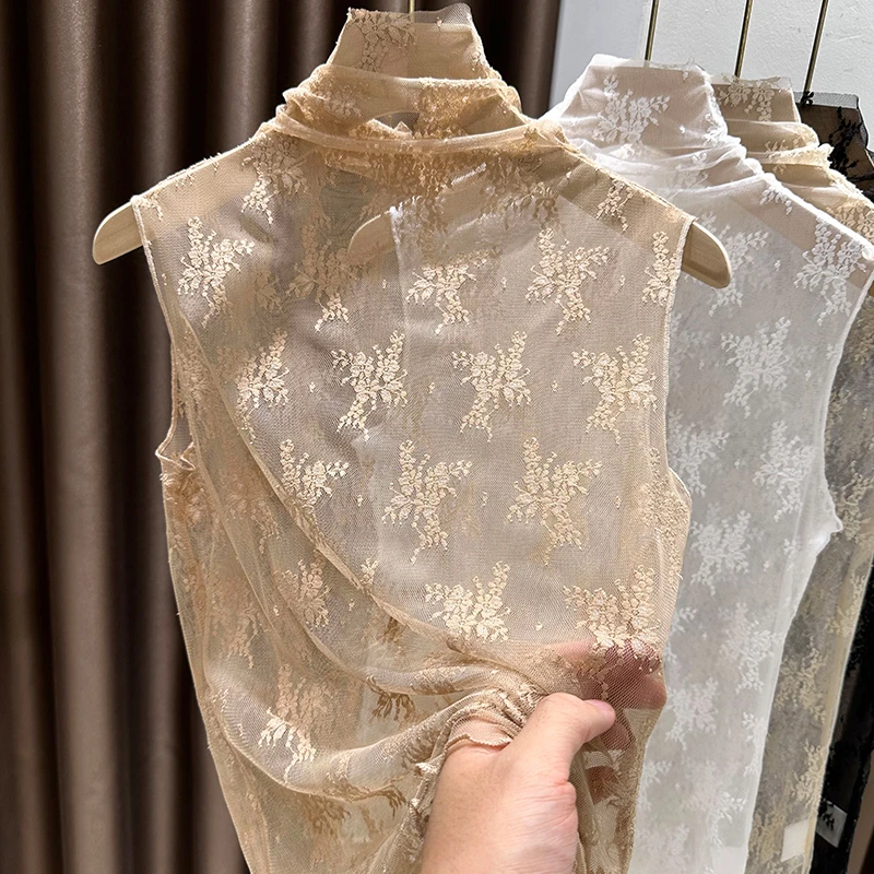 堆堆高领上档次镂空蕾丝上衣女2025春秋季新款无袖内搭背心打底衫