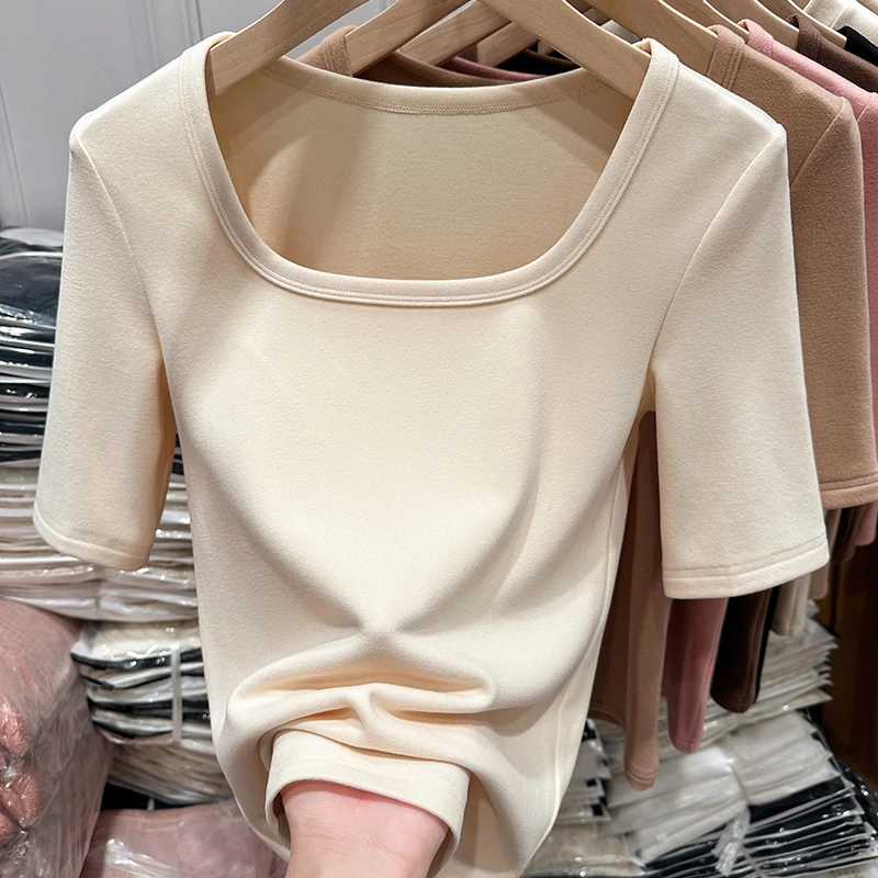 双面德绒打底衫女款U领打底衫秋冬季加绒加厚保暖半袖百搭上衣t恤