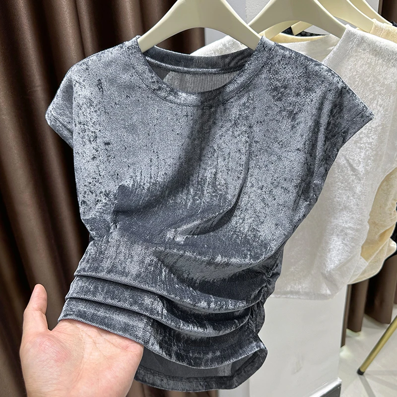 复古港风短款短袖t恤女爆款2025新款夏网纱打底衫时尚无袖上衣薄