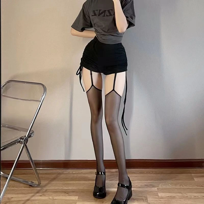 2025辣妹易撕纯欲吊带黑红色丝袜女撞色长筒超薄显瘦轻薄现货