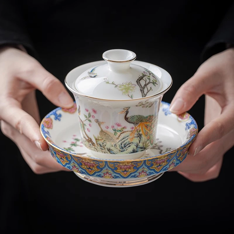 陶瓷孔雀三才盖碗带盖泡茶杯单个茶碗功夫茶具大号防烫中式茶盖碗