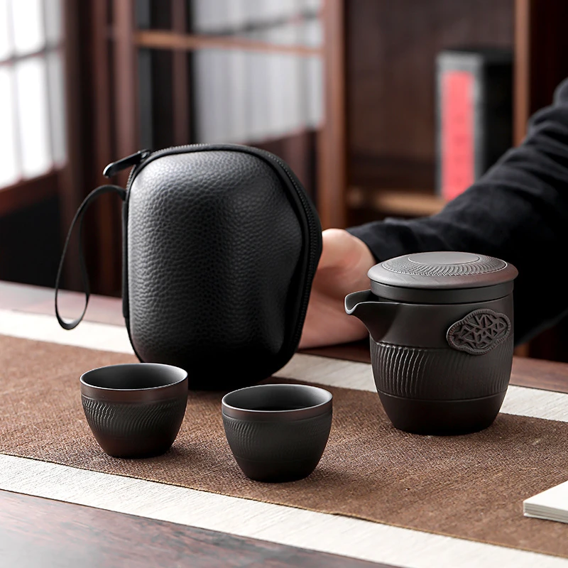 紫陶旅行茶具套装便携包户外快客杯陶瓷泡茶杯一壶两杯茶水分离杯