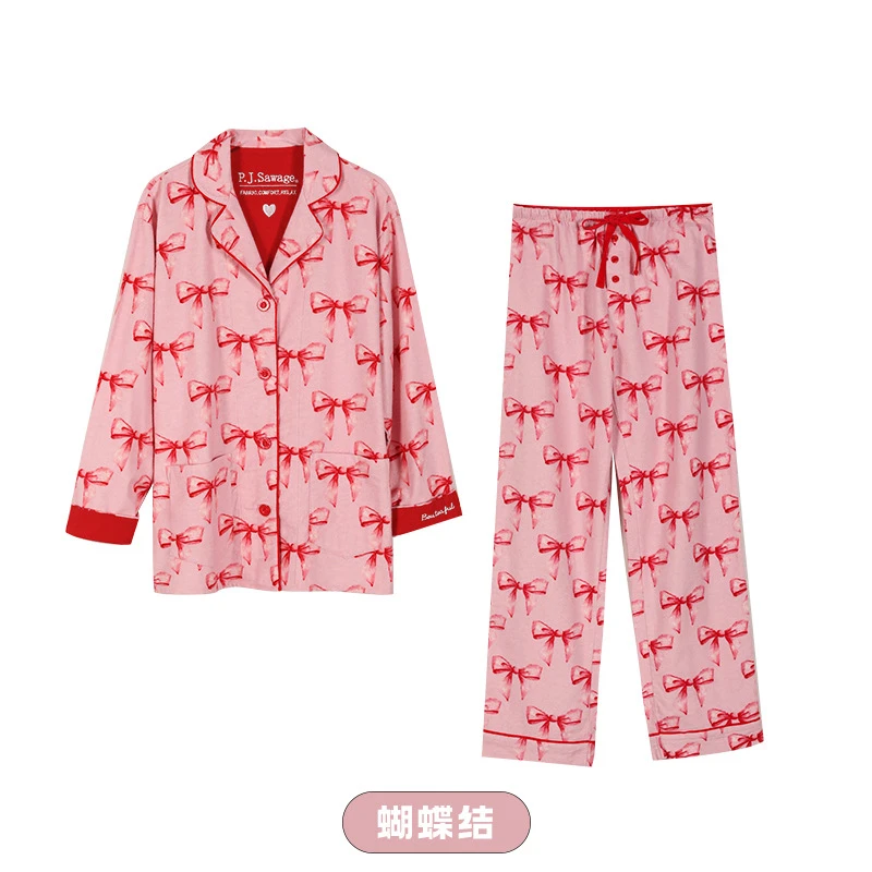 【P.J.S.- 蝴蝶结】-秋冬潮牌加厚磨毛轻柔棉质居家女睡衣套装