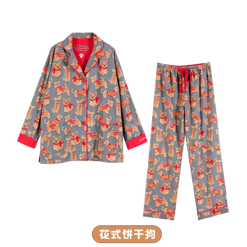 【P.J.S.-花式饼干狗】-秋冬潮牌加厚磨毛轻柔棉质居家女睡衣套装