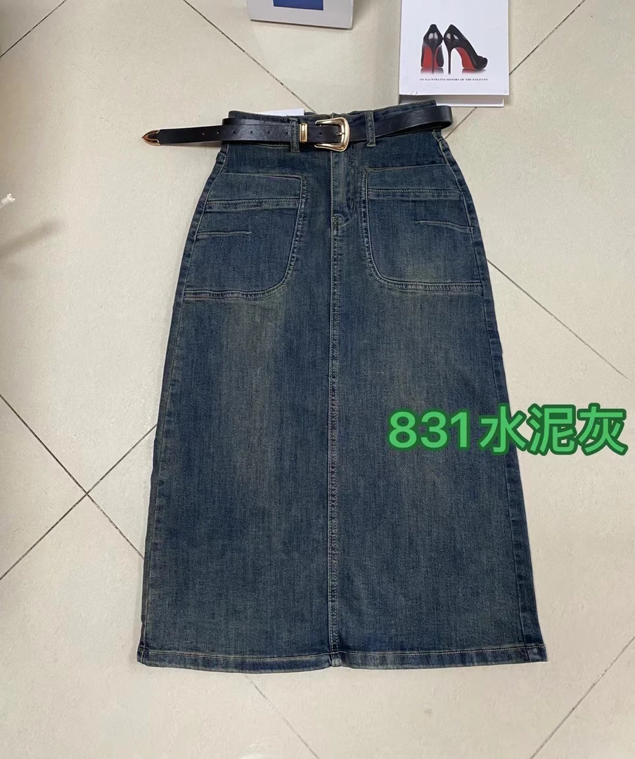 8311竖口袋后开叉中长款半身裙女春夏新款高腰牛仔裙宽松显瘦裙子