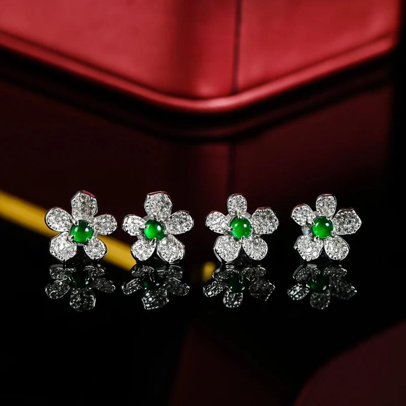 天然翡翠3132/29466满色蛋面花花耳钉国标s925银镶嵌多样性发其一