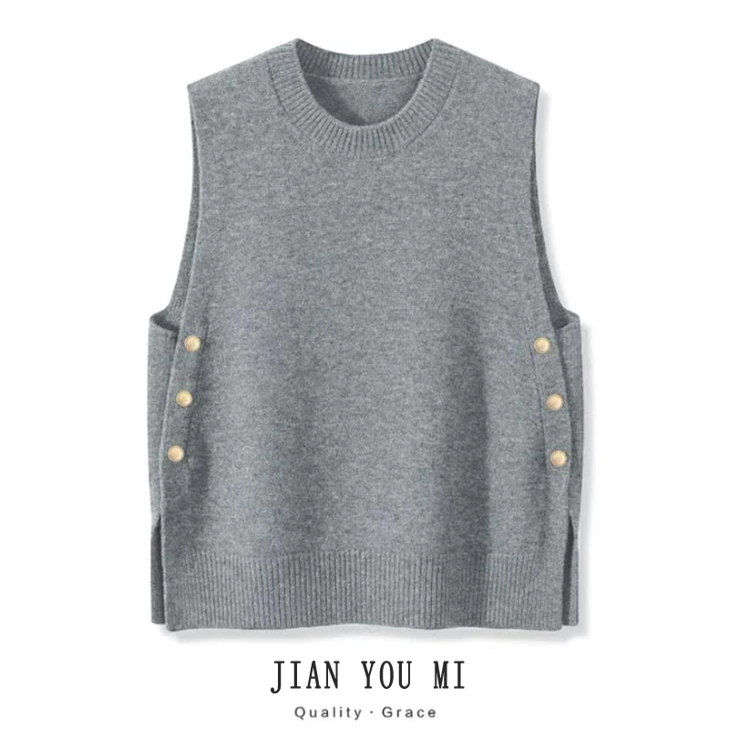 圆领2025春季新款时尚开叉侧排纽扣针织马甲洋气女士毛衣背心马夹