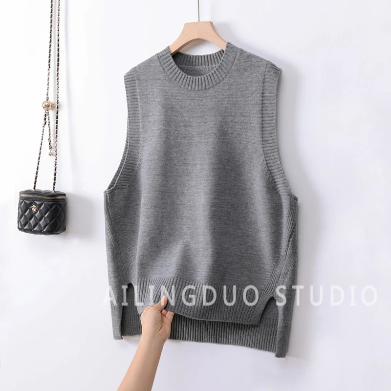 丁达尔穿搭圆领套头针织无袖马甲背心女2025春季新款宽松大码马甲