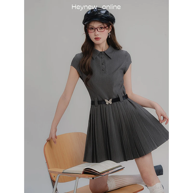 LOVEHEYNEW露肩短袖Polo领压褶连衣裙女夏季高腰显瘦短裙子-4X180