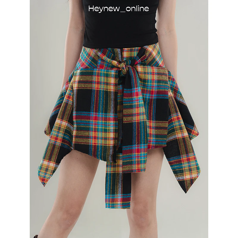 【年中！大清！】复古撞色格子半身裙裤女夏季系带蝴蝶结短裙-4X501