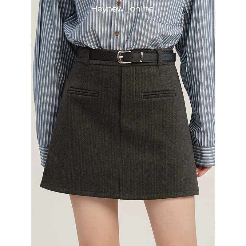 LOVEHEYNEW配腰带复古a字半身裙女春秋高腰显瘦老钱风短裙-3D316