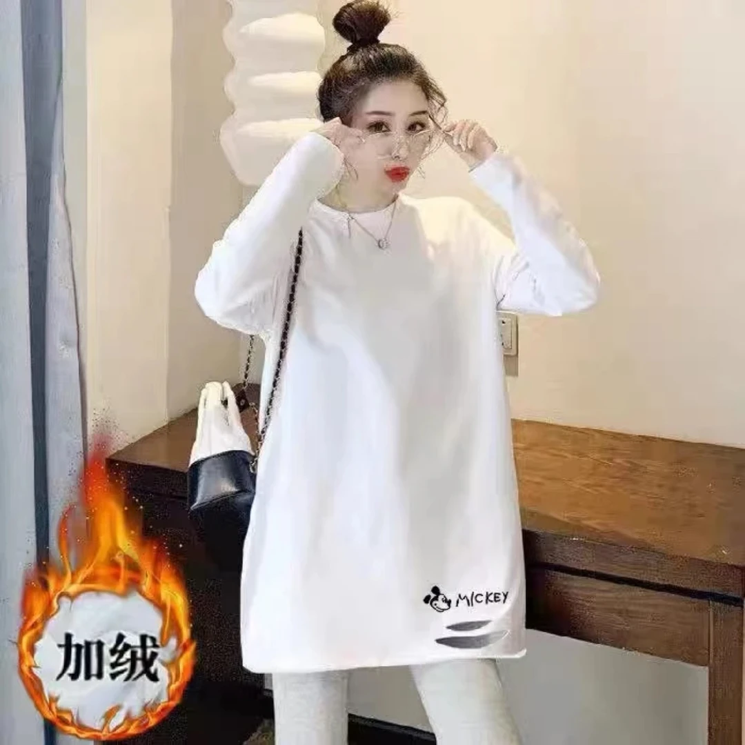 (送袜子）米奇刺绣打底衫长袖T恤百搭宽松中长款圆领