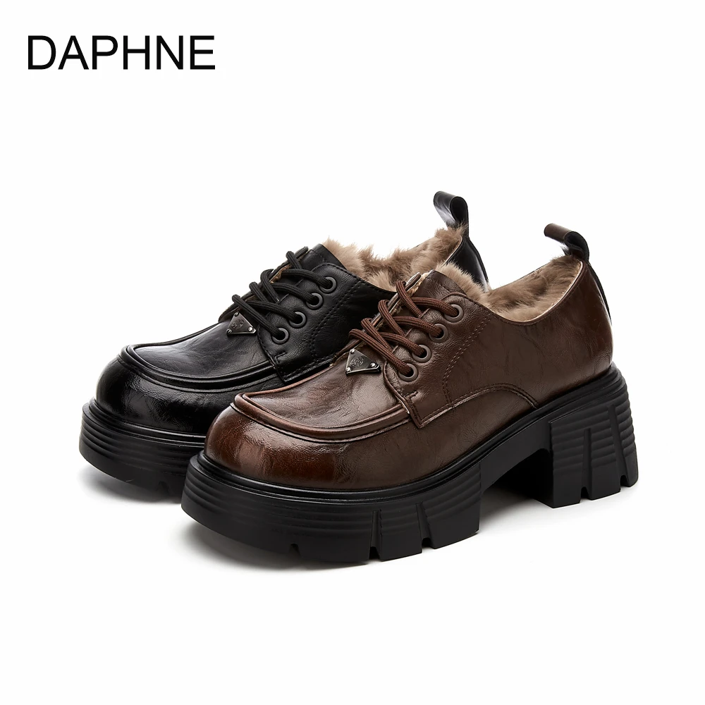 Daphne/达芙妮2025冬季加绒乐福鞋时尚休闲粗跟厚底英伦风04311