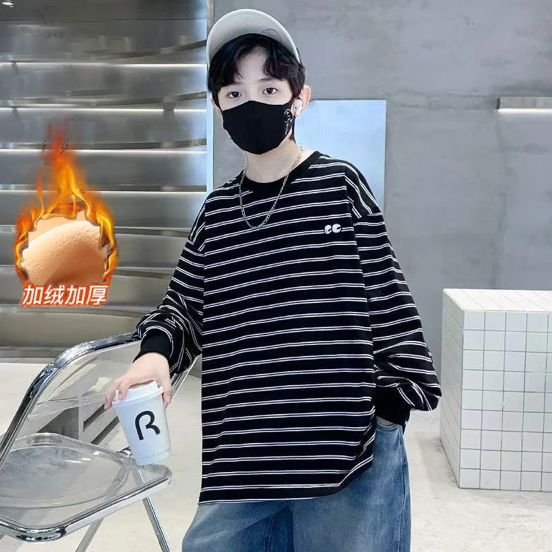 男童加绒T恤秋冬童装6-12岁10中大童男孩长袖打底衫儿童条纹上衣