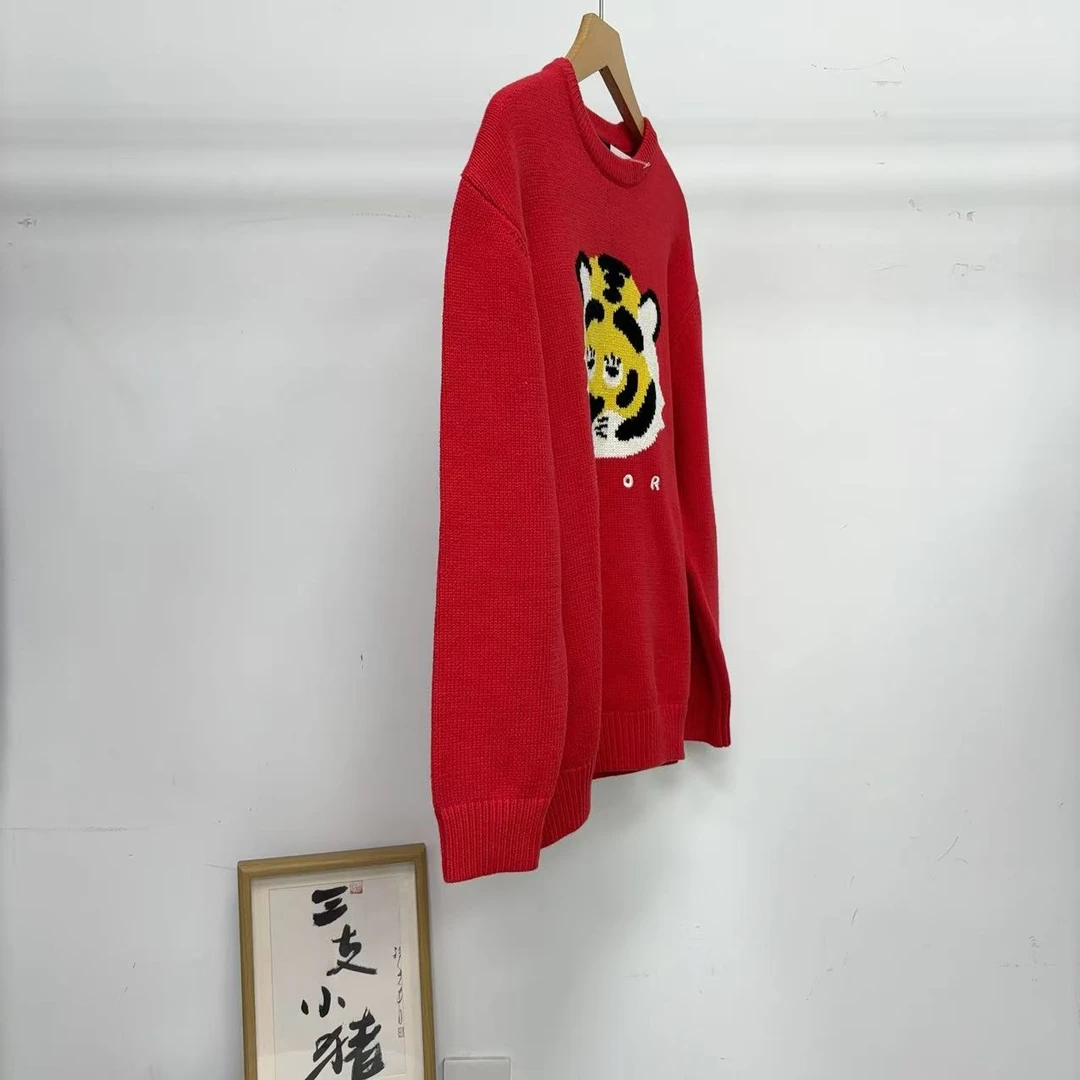7030男款毛衣红色老虎头圆领套头圆领秋冬新款毛衣