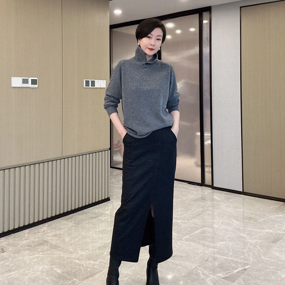 秋冬羊毛前开叉显瘦半身裙M055