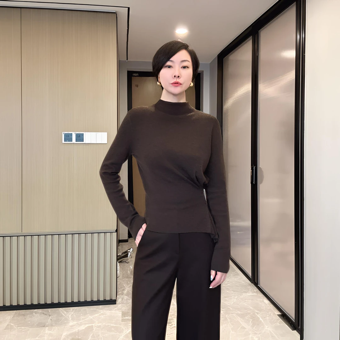 羊毛针织不规则掐腰设计打底衫X198