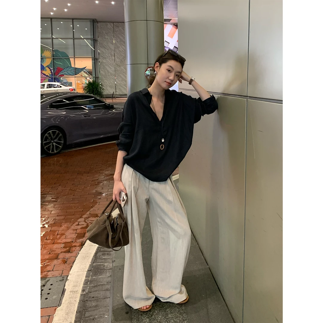 【午夜罗马】黑色亚麻衬衫深Vpolo领上衣  C25555GK43