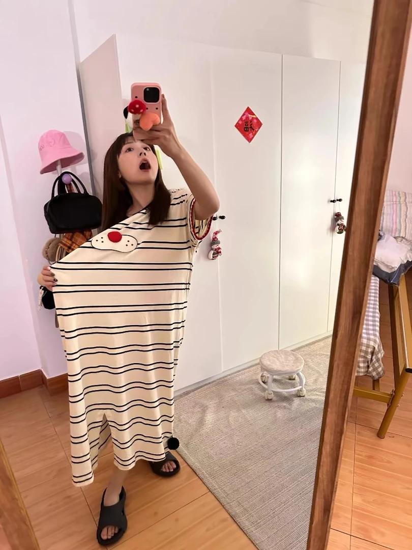 韩版可爱短袖酷猫连体睡衣女款爆款夏季2024新款家居服睡裙可外穿