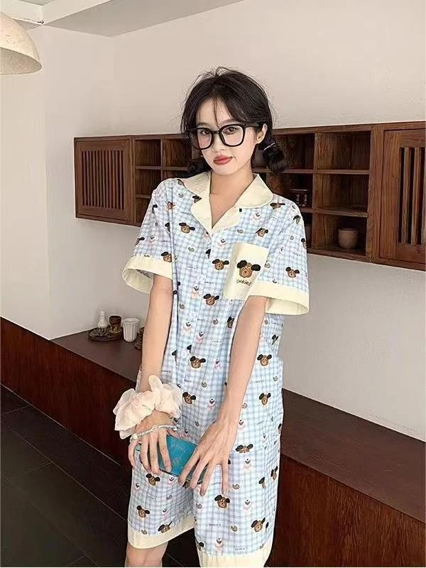 韩版ins卡通开衫小狗格子印花睡衣女夏季新款短袖短裤家居服套装