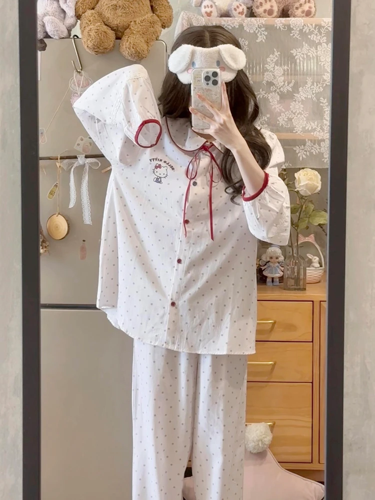 日系甜美可爱娃娃领波点印花睡衣女套装春秋宽松长袖长裤家居服