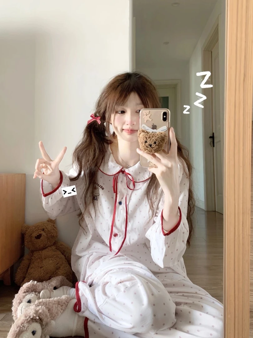 日系可爱卡通睡衣女春秋宽松甜美少女波点长袖长裤家居服可外穿