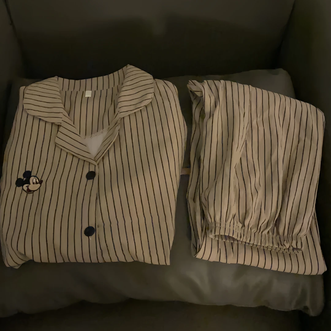 可爱少女ins卡通米奇睡衣女春秋新款条纹情侣开衫长袖长裤家居服