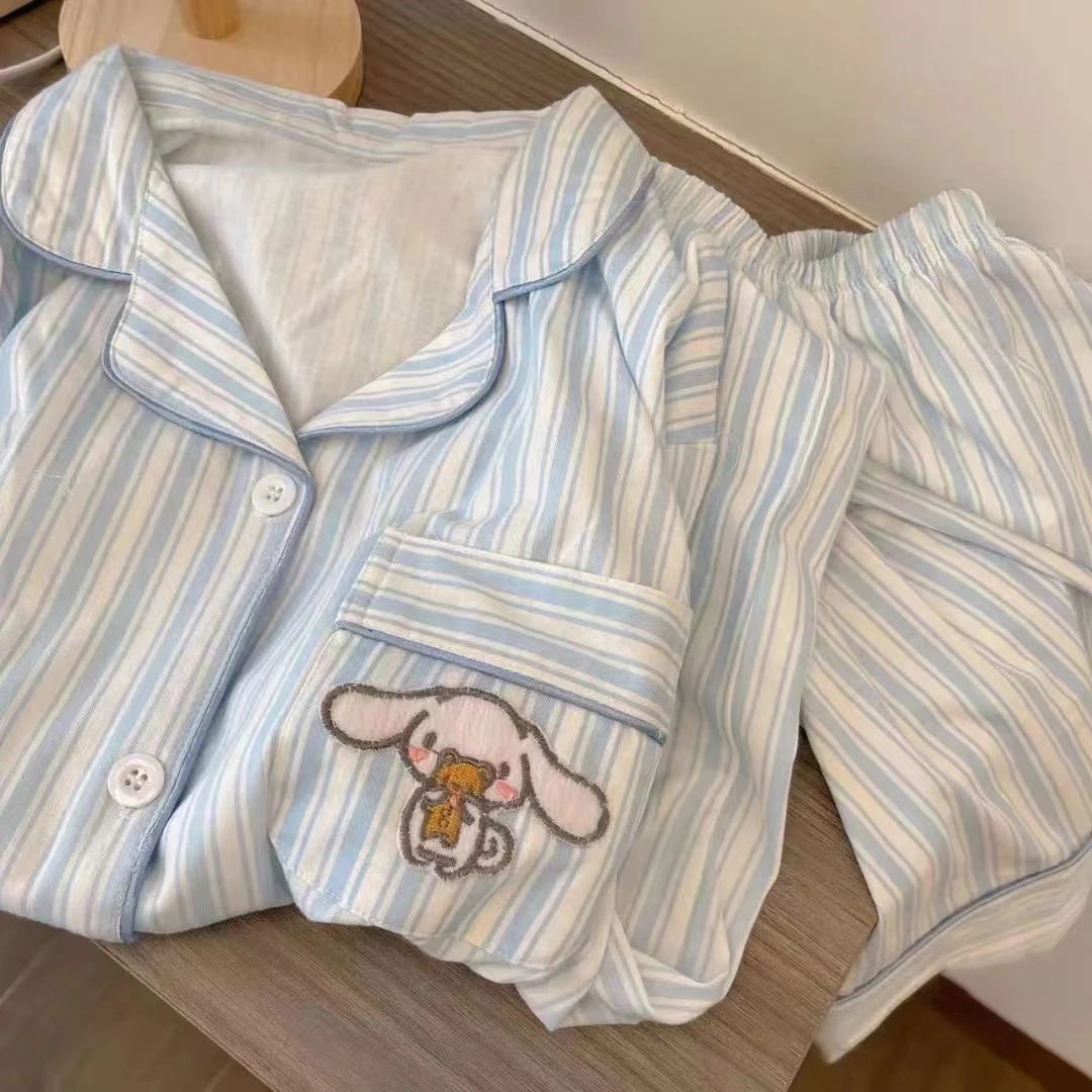 韩版ins甜美可爱少女卡通狗狗刺绣睡衣女夏季宽松短袖短裤家居服