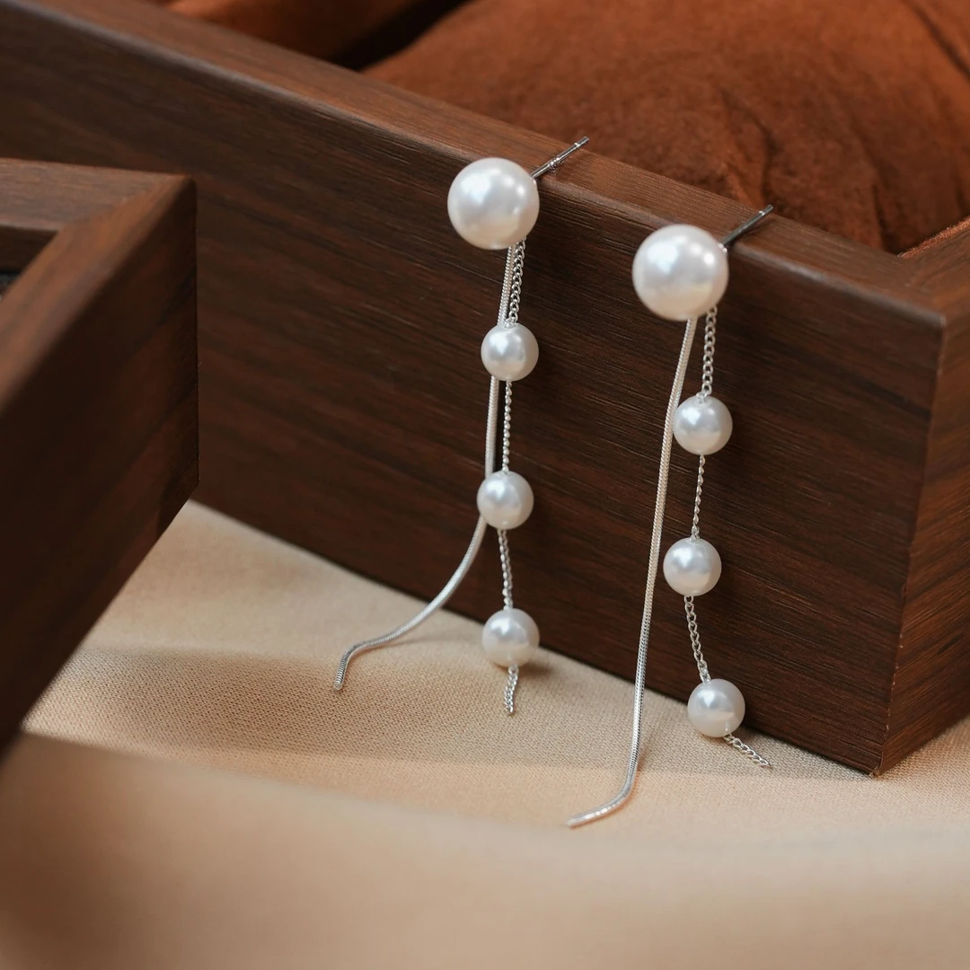 925银耳饰 蛇骨链珠珠流苏耳钉长款法式气质简约两戴百搭时尚耳饰