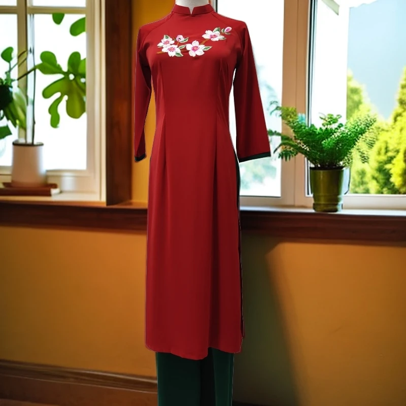 越南奥黛清新修身款长袖中式气质酒红色走秀长款中国风婚宴婚礼