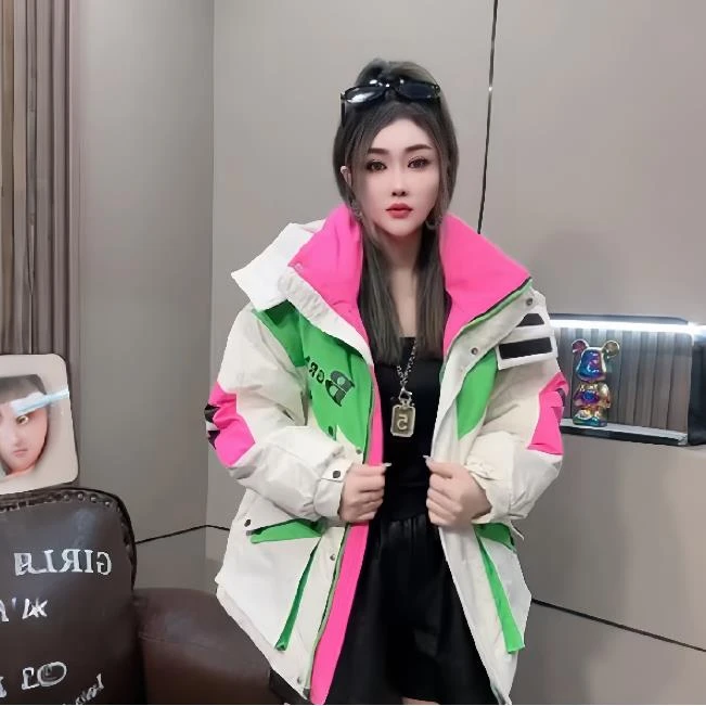 网红加厚棉衣女潮款长袖连帽拼色设计时尚休闲宽松中长款棉服