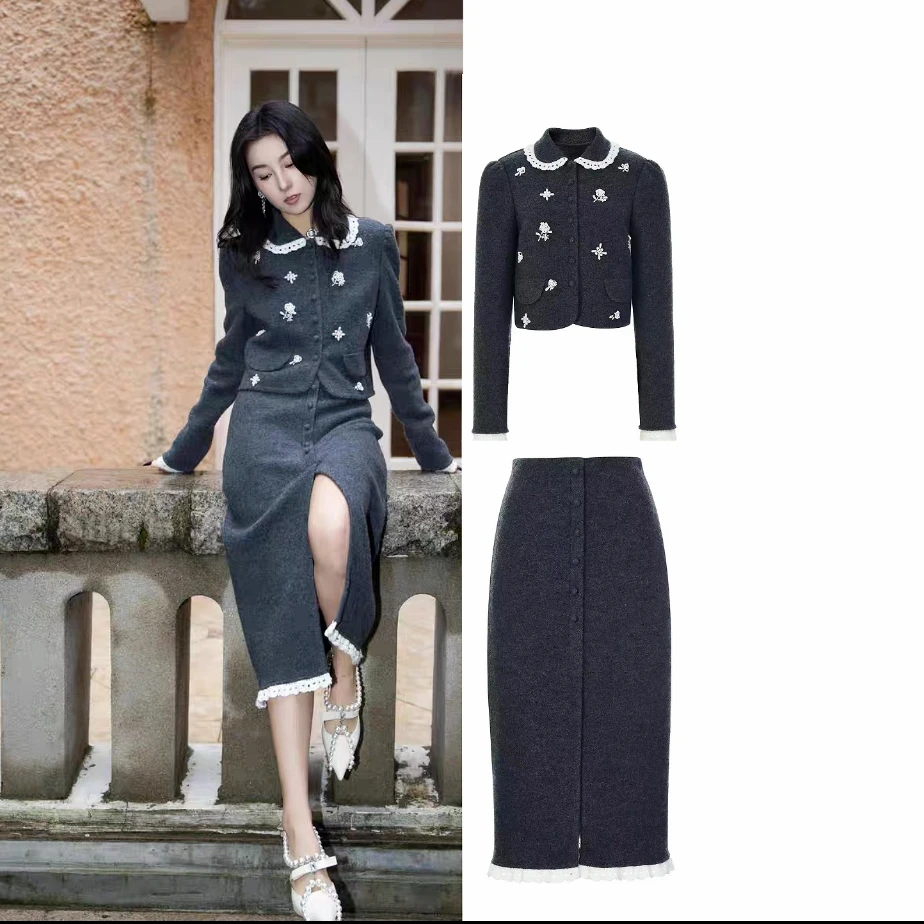 姐魅定制 《LFM格蕾玫瑰》新款重工串珠玫瑰花灰色针织开衫