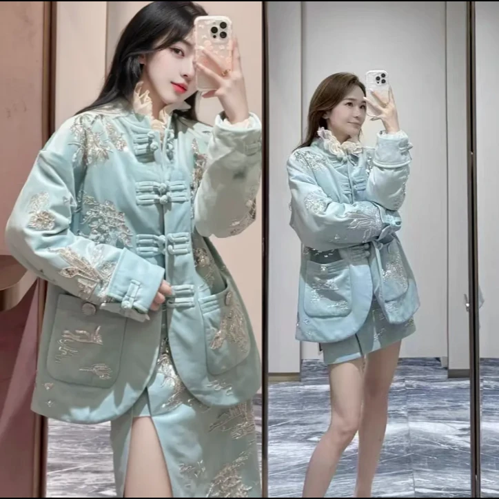 姐魅定制 《LFM东方雅韵》重工亮片冬季新中式灰蓝套装