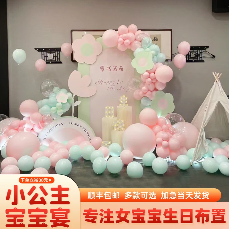女宝宝生日装饰粉色主题场景布置百日满月一周岁宴气球kt板
