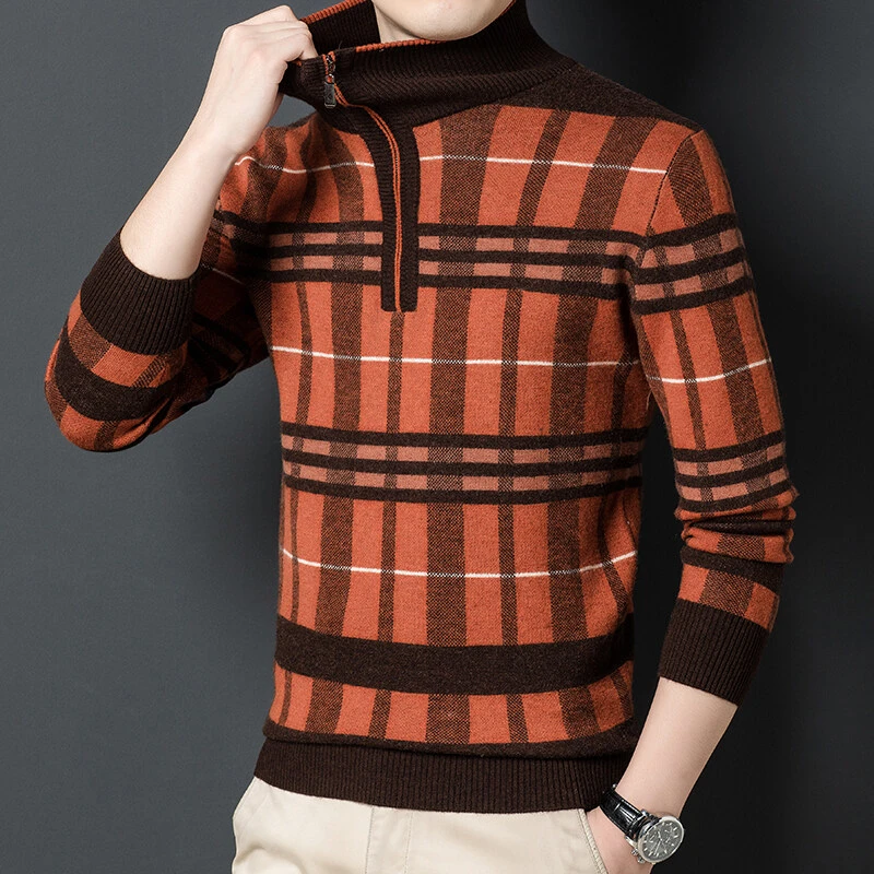 AODINUOPAI高档男士拉链高领加厚羊毛衫轻奢高品质格子绵羊毛衫