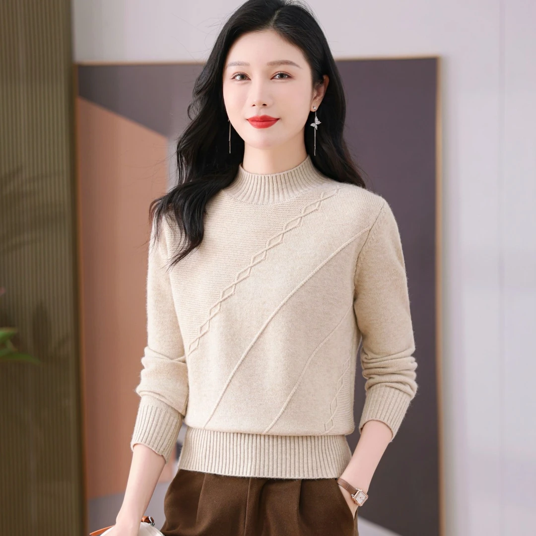 纯色套头半高领羊毛衫秋冬款内搭提花针织外穿毛衣妈妈加厚打底衫
