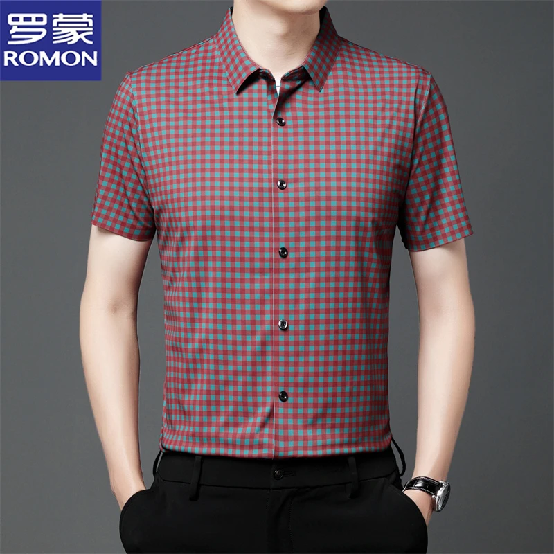 罗蒙男装冰丝衬衫短袖开衫翻领男士夏季格子商务休闲半袖衬衣凉感
