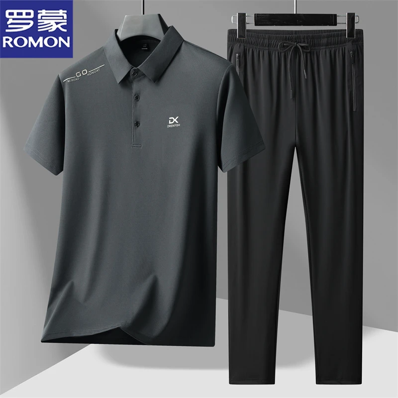 罗蒙夏季短袖休闲套装百搭薄款翻领T恤裤子两件套男宽松2024新款