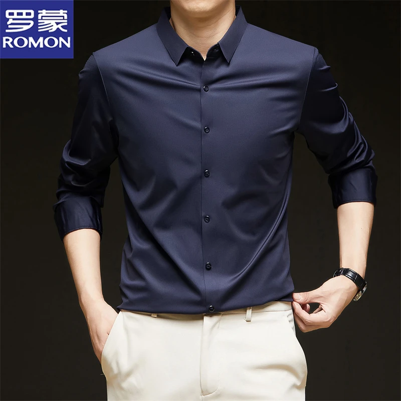 罗蒙春秋男士职业正装商务长袖衬衫抗皱免烫高端冰丝衬衣潮流寸衫